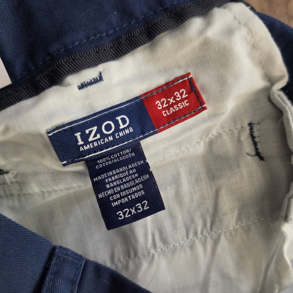IZOD American Chino Pants Men 32x32 Navy Blue Non-Iron Flat Front Classic Fit - Picture 7 of 10